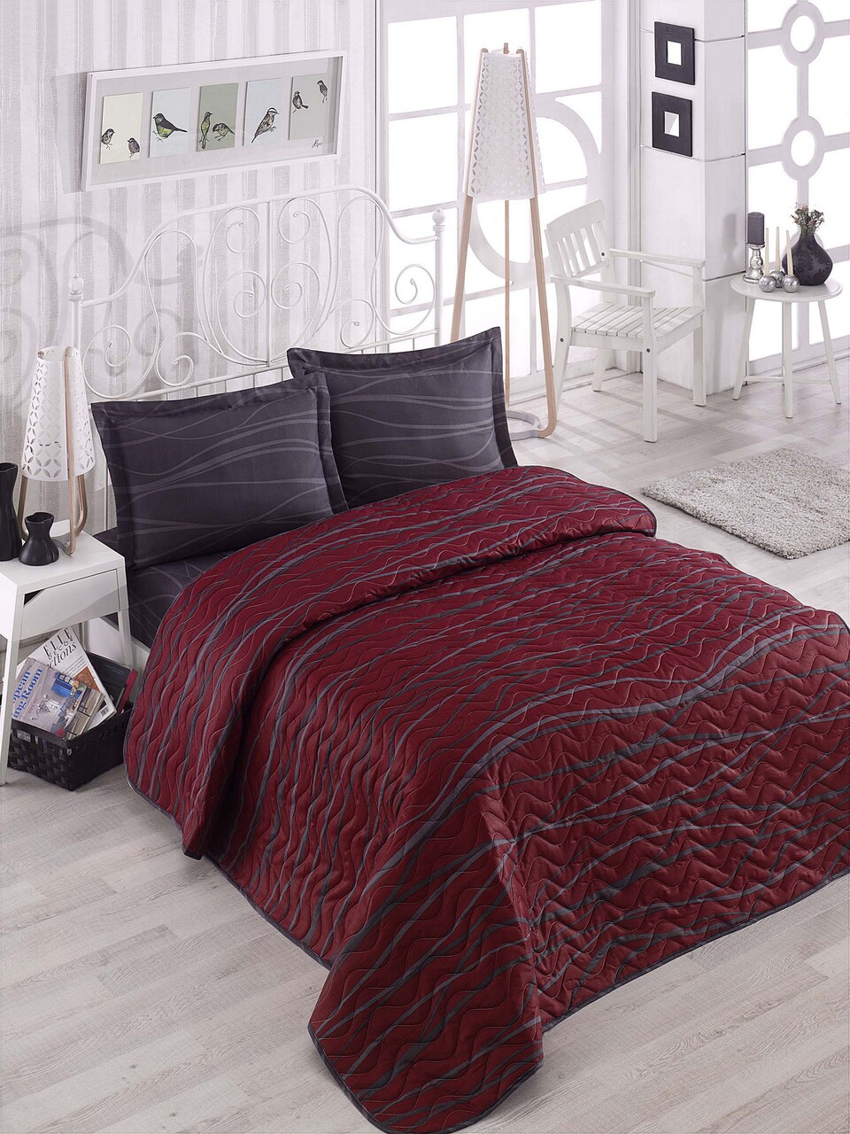 Set cuvertura cu 2 fete de perna, Eponj Home, Verda 143EPJ69060, 220 x 240 cm, amestec bumbac, visiniu/antracit - imagine 5